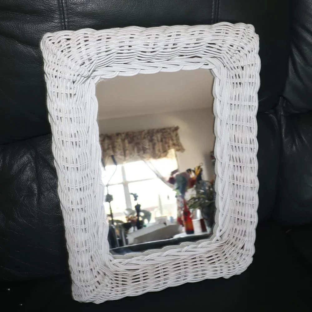 VTG White Wicker Wall Mirror Beach Cottage Style 12x16 Hanging Wood Frame